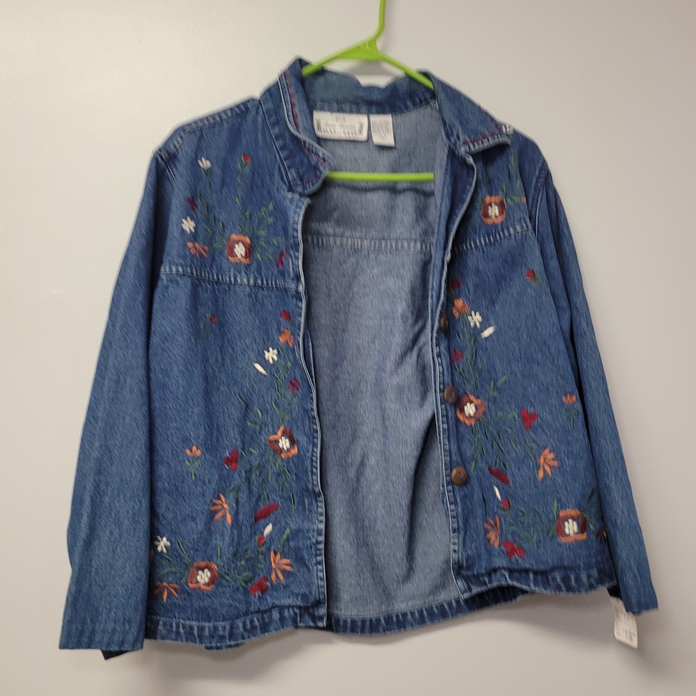 Sara Studio Womens Large Blue Denim Floral Embroidered Button Up Jacket